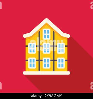Simple colorful flat design illustration of an apartment building, with a long shadow on a red background Stock Vector