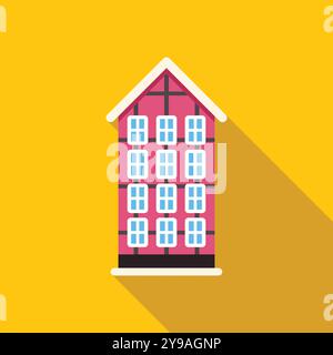 Pink multi storey residential building with snow on the roof, isolated on a yellow background Stock Vector