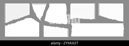 Ripped notebook paper, pieces of pages of school notepad, white scraps of notepaper. Stock Vector