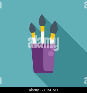 Three paintbrushes with yellow and black bristles are standing in a purple jar, casting a long shadow on a blue background Stock Vector