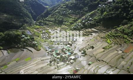 Aerial view of picturesque Batad Rice Terraces in Ifugao Province, Luzon Island, Philippines, Asia Stock Photo