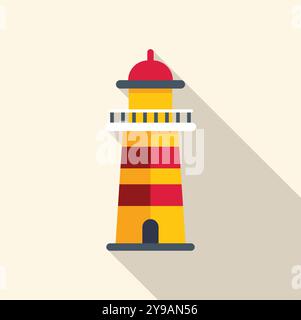 Tall red and yellow striped lighthouse is casting a long shadow on a sunny day Stock Vector