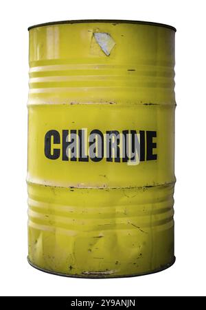 An Isolated Yellow Barrel Of The Dangerous Chemical Chlorine Stock Photo