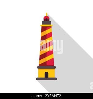 Red and yellow striped lighthouse casting a long shadow to the right on a white background Stock Vector