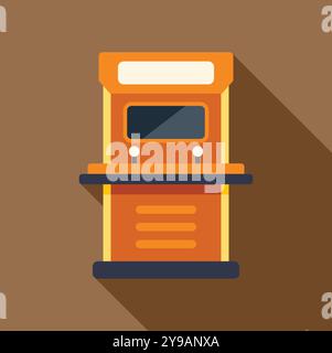 Orange arcade game machine with joysticks for two players standing on brown background Stock Vector