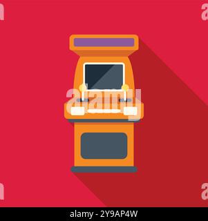 Orange arcade game console with joysticks and screen standing on red background Stock Vector