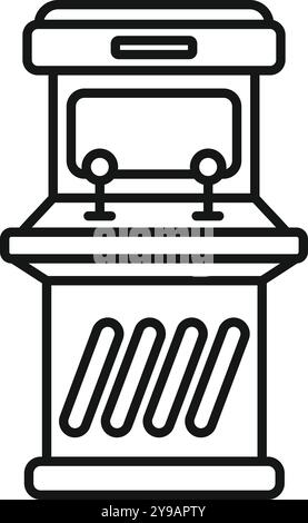 Simple black and white vector icon representing a classic arcade game cabinet with two joysticks and a screen, ideal for entertainment and gaming related designs Stock Vector