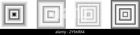 Halftone dotted square set. Black comic texture rectangle collection. Pixelated design elements collection. Abstract geometric bitmap background pack. Vector dithered overlay bundle Stock Vector