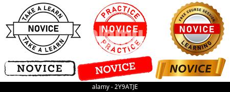 Novice newbie apprentice amateur worker stamps colorful badges grunge textured ribbon emblem medallion label design icon set collection Stock Vector