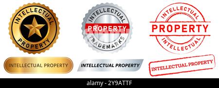 Intellectual property product assets stamps colorful badges trademarks copyrights ownership idea concept design sticker label emblem icon set Stock Vector