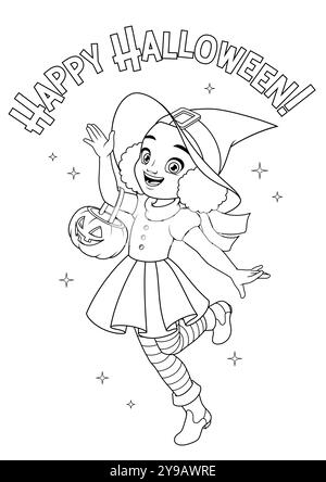 Happy little girl trick-or-treating in Halloween witch costume. Vector illustration for coloring book page. Stock Vector