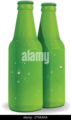 Two green bottles with water droplets Stock Vector