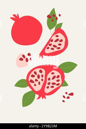 Modern vertical pomegranate poster, vector flat illustration. Summer or autumn bright pattern with tropical fruit, harvest cover design. Can used for Stock Vector