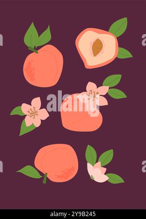 Abstract vertical peach poster, vector flat illustration. Summer or autumn bright pattern with tropical fruit, harvest cover design. Can used for labe Stock Vector