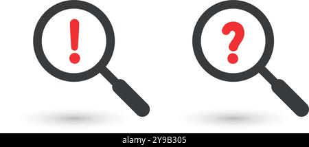 Magnifier glass with exclamation sign and question mark. Identifying, alert or faq symbol Stock Vector