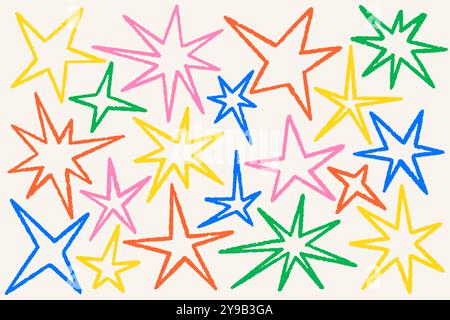 Random star shapes. Abstract hand drawn crayon irregular elements. Cartoon outline burst. Vector paper cut spiky geometric figures. Stock Vector