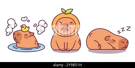 Cute capybara in different poses. Cartoon vector set of capibara lying and sleeping, sitting with orange hat on head, taking bath in water with foam and rubber duck toy. Funny rodent animal character. Stock Vector