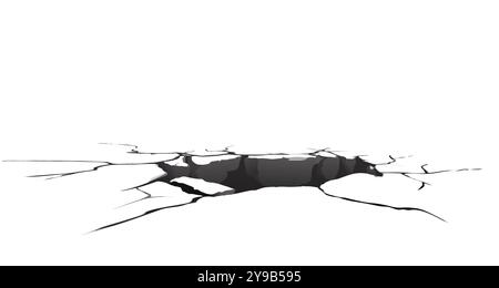 Crack on wall. Brocken concrete floor with hole. 3d texture of split surface. Isolated realistic fracture and destruction perspective view. Drought cement or ground with line. Hit impact illustration Stock Vector