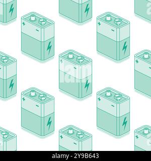 Seamless pattern with isometric 9V battery isolated on white background. Vector illustration. Nine volt battery. Outline style. Stock Vector