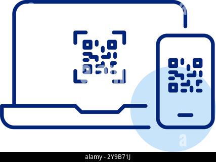 Laptop and smart phone with qr code on it. Fast data sharing and linking between devices through scan. Code-enabled verification. Pixel perfect, edita Stock Vector