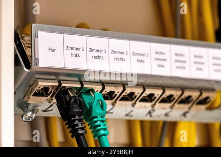 Ethernet network sockets or ports in a switch cabinet for distribution in an apartment, labeled in German Stock Photo