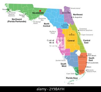 Regions of U.S. state Florida, multi colored map showing travel regions, subregions, cities, and major destinations. State in Southeastern USA. Stock Photo