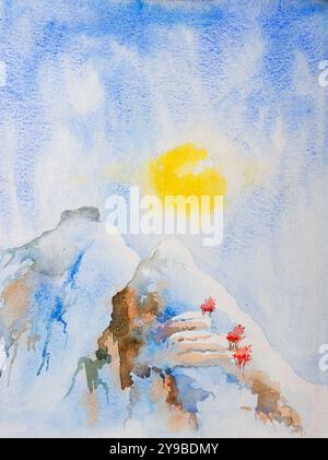 Yellow sun rising over snow capped mountains in winter morning. Hand painted watercolor art created with watercolor paint and brushes. Stock Photo