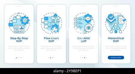 Types of sop blue onboarding mobile app screen Stock Vector