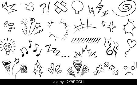 Manga or anime comic emoticon element graphic effects hand drawn doodle vector illustration set Stock Vector