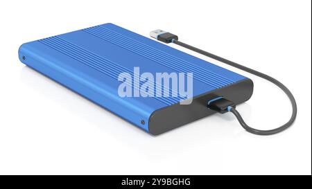 External storage unit with USB cable isolated on white background. 3D illustration. Stock Photo