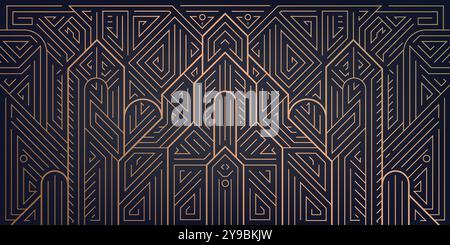 Vector art deco architecture, building line pattern. Gold elegant city illustration, vintage gatsby ornament Stock Vector