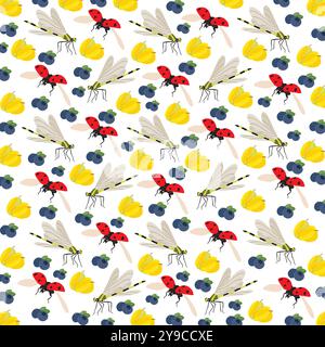 ladybug, dragonfly with fruit as a pattern background Stock Vector