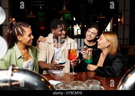 A lively gathering of diverse colleagues engaged in joyous conversation with colorful cocktails. Stock Photo