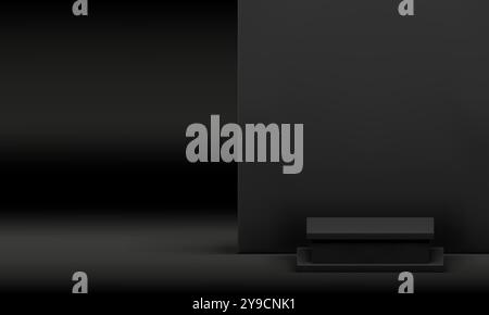 Black fashion 3d squared podium with wall background showroom realistic vector illustration. Dark display studio interior with pedestal empty showcase Stock Vector