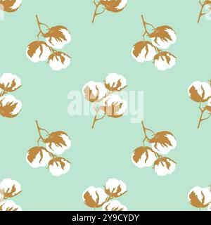 Bolls of cotton flowers on mint background, pattern for wallpaper, packaging, surface texture, textile. Vector illustration Stock Vector