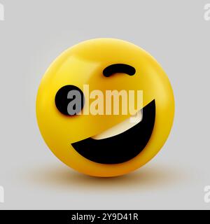 Emoji yellow winking face. Funny cartoon emoticon icon. 3D illustration for chat or message. Vector illustration Stock Vector