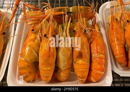 Charcoal grilled giant river prawns for sale at a Thai floating market stall, served on disposable plastic food trays Stock Photo