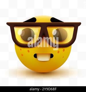 Nerd face emoji, clever emoticon with glasses. Geek or student. Vector ...