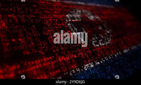 North Korea digital technology flag cyber background. North Korean banner cyberattack and espionage concept illustration. Stock Photo