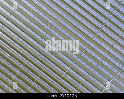 SUQIAN, CHINA - OCTOBER 10, 2024 - A worker checks photovoltaic equipment at a fishery-solar hybrid base in Suqian, East China's Jiangsu province, Oct Stock Photo