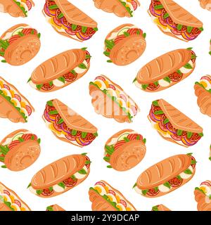 Various sandwiches seamless pattern, croissant, bagel and sub in flat style. Perfect for food related design, menu, restaurant decor and food Stock Vector