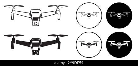 This diverse drone icon set showcases various styles and formats, featuring sleek designs in black and white. Perfect for technology and aviation proj Stock Vector