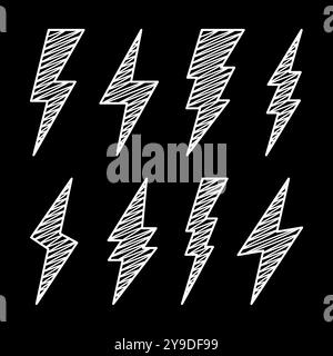 Hatched lightning bolt icons collection. Hand drawn flash symbol ...