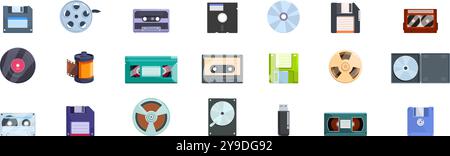 Retro media storage icons set. Diverse set of icons illustrating various data storage methods from different technological eras Stock Vector