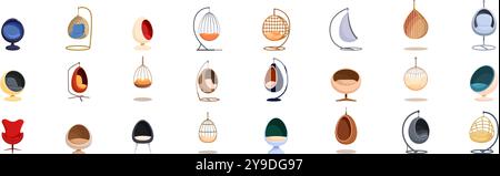 Egg chair icons set. Set of stylish egg chairs offering ultimate comfort and relaxation, perfect for adding a touch of elegance to any living space Stock Vector