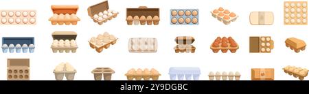 Egg package icons set. Different types of egg boxes with varying numbers of white and brown eggs, some open and some closed Stock Vector