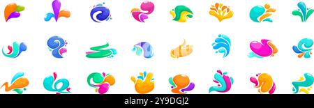 Rainbow swirls drops icons set. Collection of modern logos is forming from colorful abstract liquid shapes Stock Vector