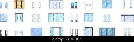 Shop entrance gate icons set. Collection of various modern doors and security systems for shop and store entrances ensuring safety and protection Stock Vector