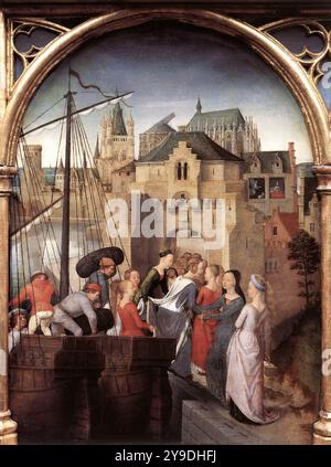 MEMLING, Hans (b. ca. 1440, Seligenstadt, d. 1494, Bruges)    St Ursula Shrine: Arrival in Cologne (scene 1)  1489  Oil on panel, 35 x 25,3 cm  Memlingmuseum, Sint-Janshospitaal, Bruges    1. Arrival in Cologne    Ursula disembarks from one of the boats tied up at the port of Cologne, assisted by several of her companions. The company makes its way through one of the city gates. Sailors unload baggage from the hold. In the background we see several Cologne buildings, from left to right: the Bayenturm, the towers of St Maria Lyskirchen, the nave and another tower of St Severin's, Gross St Marti Stock Photo