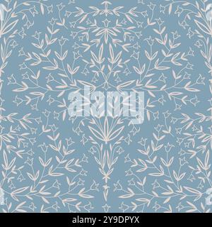 Scale-like or fan floral pattern. Delicate white floral motifs and leaves on a soft blue background Stock Vector